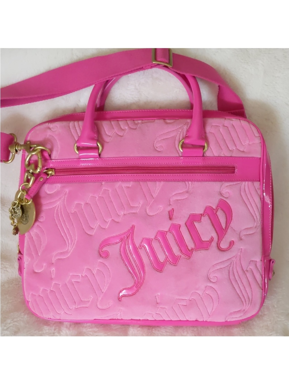 Y2k Juicy Couture Hot Pink Embossed Laptop Bag with Gold Hardware